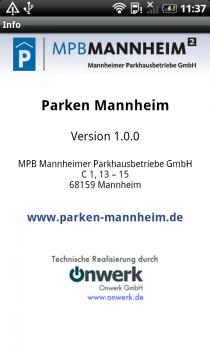 Screenshot 'Parken in Mannheim' Android App: Info