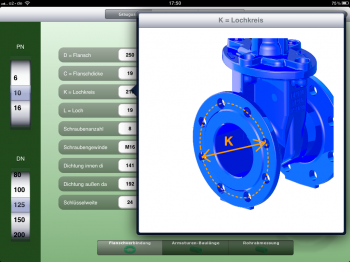 Screenshot der iPad-Variante der VAG Smartphone App "DigiFlange"